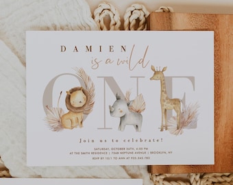 Boho Safari First Birthday Invitation, Muted Wild One Invite, Jungle First Birthday Invite Boy,  Editable Template, Instant Download, 757