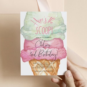 Here's the Scoop Birthday Invitation, Pastel Ice Cream Birthday Invite Girl, Popsicle Party Invite, Printable Template Instant Download 355