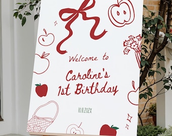 Letrero de bienvenida de cumpleaños de Apple: Decoración para fiesta de picnic de otoño (Plantilla editable 491)