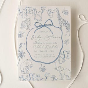 Safari Toile De Jouy Baby Shower Invitation Editable, Dusty Blue Jungle Animals Invite Boy, Chinoiserie, Toile Print Digital Download 786