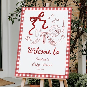Italian Baby Shower Welcome Sign, Slice Slice Baby Reception Red Check, Special Pizza Delivery Hand Drawn, Editable Instant Download 098