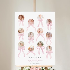 Schleife Erstes Jahr Fotocollage, Pink Ribbon 12 Monate Fotokunst, Silk Coquette Bow Jahr Foto Meilensteine, printable Download 377