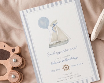 Invito per il primo compleanno a tema "Piccola Marinaia" modificabile, festa a tema nautico e vela (modello modificabile 362)