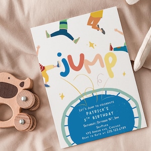 May include: A colourful birthday invitation with the word "JUMP" and illustrations of people jumping. A wooden toy and a stuffed lamb are also in the image. The invitation is for a 5th birthday.