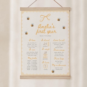 Bee 1st Birthday Milestones Board: Honey & Bow Baby Firsts (Editable Template 443)