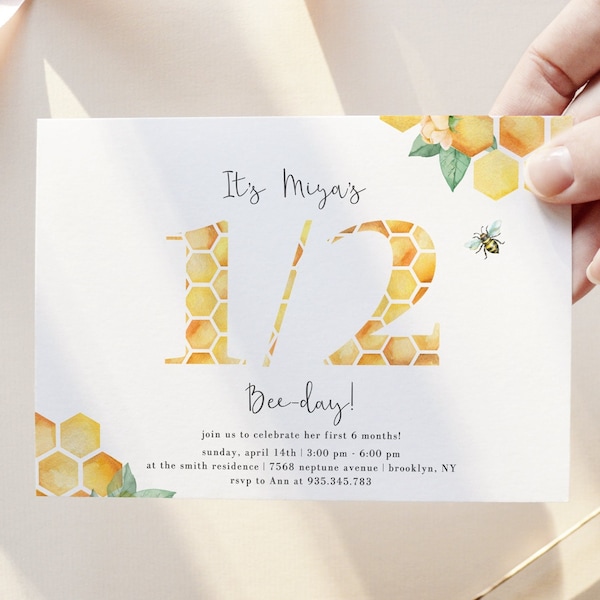 Bee Half Birthday Invitation Editable, 1/2 Bee-day Invite, Honey 6 months Birthday Invitation, Half year Old invite, Instant Download, 334