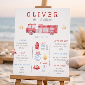 Firetruck First Birthday Milestones Sign: Fireman Baby First Year Stats (Editable Template 591)