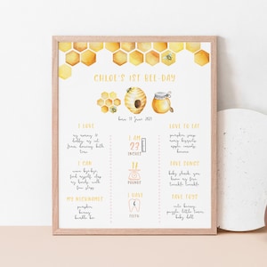 Bee First Birthday Milestones Sign Printable, Honey Chalkboard Poster, 1st Birthday Girl Board, Editable Template, Instant Download 334