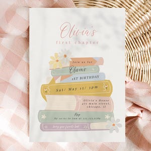 Invitación para el primer cumpleaños de Girl Book Evite (Descarga digital editable 343)