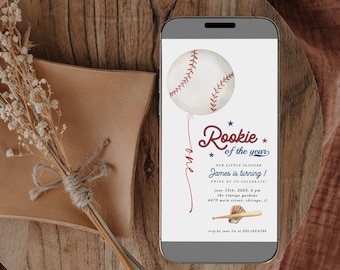 Baseball First Birthday Evite, Rookie of the Year Digital Invitation, Baseball Party Smartphone Electronic Invite, Instant Download 445