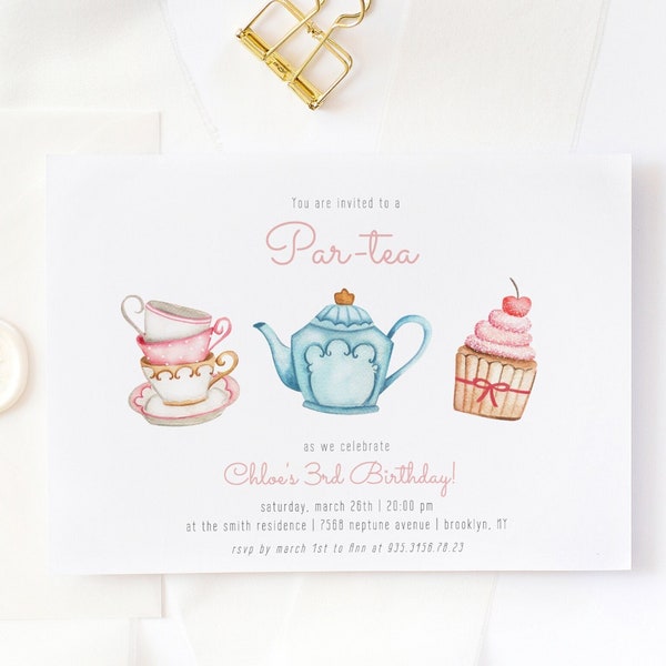 Tea Party Birthday Invitation, Girl Par-tea Invite, Time for Tea Invite, Simple Tea Invite, Editable Printable Template Instant Download 779