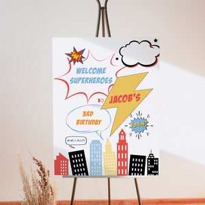 Superhero Birthday Welcome Sign, Comic Book Party Poster, Lightning Bolt Reception Sign, Printable Editable Template Instant Download 886