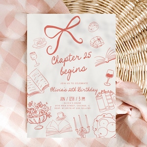 May include: A white invitation card with red illustrations and text, including the words "Chapter 25 begins" and "Olivia's 25th Birthday." The card is set on a pink and white checkered cloth inside a woven basket.