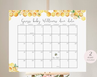 Bee Baby Due Date Calendar Game, Honeycomb Guess Baby Birth Date, Honey Bee Baby Shower Game, Editable Download 334