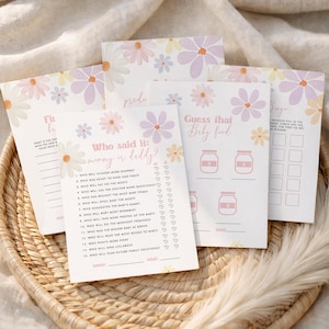 Babyshower-lekpaket med Daisy-motiv: Baby in Bloom-tema (redigerbara mallar 025)