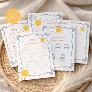 May include: Baby shower game cards with a sun motif. The cards, with a blue border, include games such as "Baby emoji name" and "Guess that baby food." They are displayed on a woven basket, with text that reads "Editable 20 Games & Signs."
