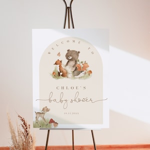 Boho Wald Baby-Dusche-Willkommens-Schild, Herbst Wald Oh Baby Poster Bogen, Holz Tiere Empfang Schild, druckbare bearbeitbare Download 284