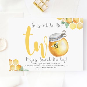 Bee Second Birthday Invitation Editable, Honey 2nd Bee-day Invite, So Sweet to Bee Two, Instant Download, 334