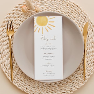 Bearbeitbares Boho Sonnenmenü, 1st Trip around the Sun Menü, Sunshine Let's Eat, Einfaches Sonnenessen, Geburtstagsmenü, druckbare Vorlage 931