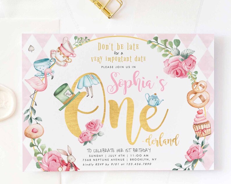 Alice in Wonderland Birthday Invitation Onederland Girl 1st Birthday Invite Mad Tea Party Invite Printable Template Instant