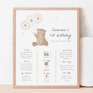Ours premier anniversaire jalons signe modifiable, ours en peluche ballons ma première année stats poster, Beary 1er anniversaire imprimable téléchargement 245