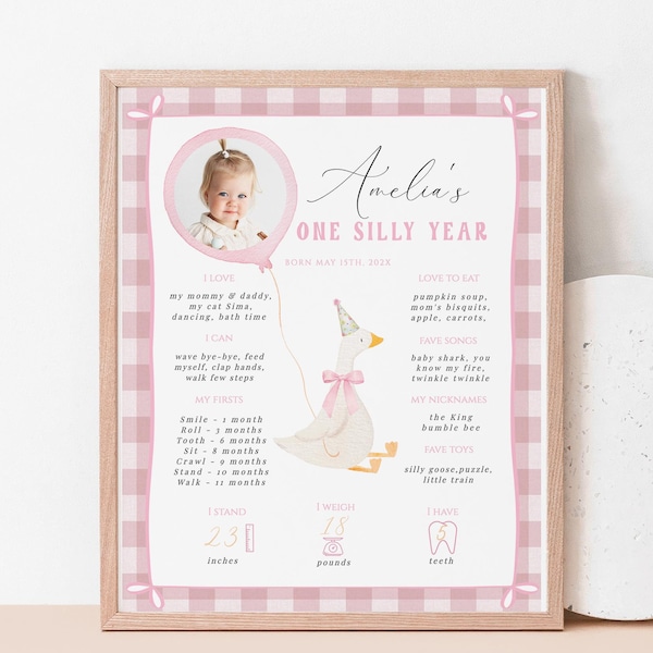 One Silly Goose 1st Birthday Milestones Sign Photo Editable, Pink Goose My First Year Stats Poster, Farm 1st Year Board Digital Template 964