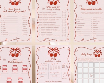 Cherry Baby Shower Games Bundle: Coquette Bow, Wavy Border (Editable Download 389)