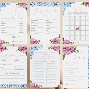 Bougainvillea Baby Shower Games Bundle: Italian Blue Tiles and Pink Flowers (Editable Template 504)