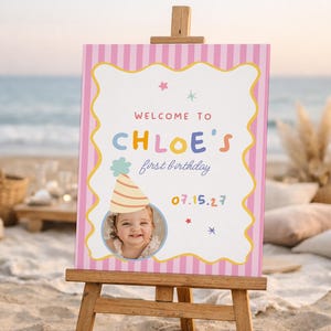 It's Fun to Be One Welcome Sign: Girl Striped Birthday Decor with Photo, Any Age (Canva Template 111)