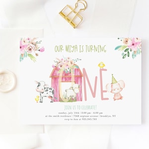 Farm First Birthday Invitation Girl, Pink Farm Animals Invite, Floral Barnyard Party Invite, Editable Template, Instant Download 380