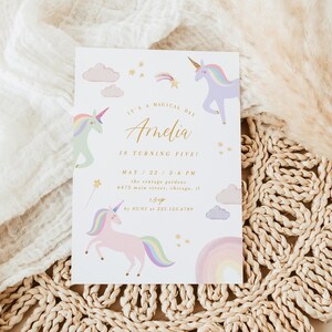 pastel magical unicorn birthday invitation template with pink and purple rainbow and magical star
