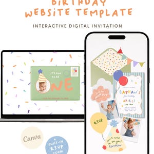 Peut inclure: Un modèle de site web d'anniversaire affiché sur un écran d'ordinateur portable et de smartphone. L'invitation numérique présente des confettis colorés, des chapeaux de fête, des ballons et des photos d'enfant. Texte : "BIRTHDAY WEBSITE TEMPLATE", "IT'S FUN TO BE ONE" et "EATHAN'S first birthday".