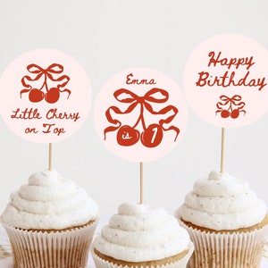 Cherry on Top Birthday Cupcake Toppers Editable, Little Cherry and Bow Cake Toppers, Cherry Decor Printable, Template Digital Download 389