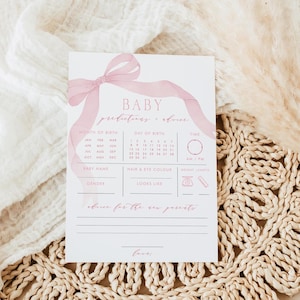 Roze strik babyvoorspellingen en -advies bewerkbaar, flirtadvies voor ouders, zijden lint Wensen voor baby Afdrukbare sjabloon downloaden 377