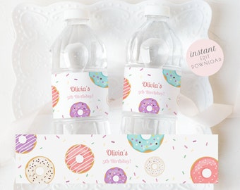 Pastel Donut Water Bottle Labels EDITABLE, Donut Party Decor Girl Printable, Sprinkles First Birthday Bottles Wraps, Instant Download, 031