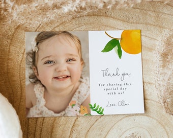 Orange Cutie Photo Thank you card Template, Little Cutie is One thank you card, Boho Citrus Thank You, Editable Instant Download 135