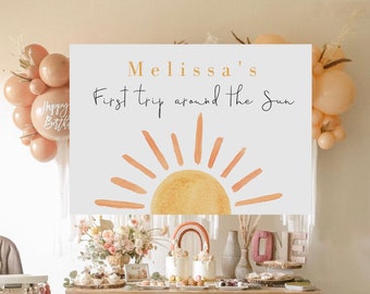 Boho Sun Backdrop Template, Muted Sun Dessert Table Backdrop, 1st trip Around the Sun Birthday backdrop Editable Printable, Download 931