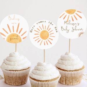 EDITABLE Sun Baby Shower Cupcake Toppers, Here Comes The Sun Cake Toppers, Sunshine Baby Sprinkle Decor Printable, Digital Download 931
