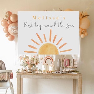 Boho Sun Backdrop Template, Muted Sun Dessert Table Backdrop, 1st trip Around the Sun Birthday backdrop Editable Printable, Download 931