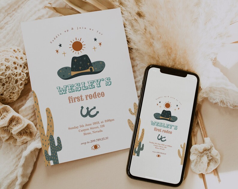 First Rodeo Birthday Invitation Editable Wild West Birthday Invite Boho Western Cowboy Birthday Ranch invite Printable