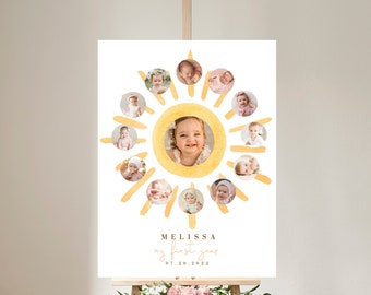 Sun First Year Photo Collage Template, Sunshine 12 months photo wall art, 1st trip around sun year photo milestones, Printable Download 931