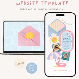 May include: A birthday website template interactive digital invitation displayed on a laptop and smartphone. The design features a pink envelope, pool party graphics, a flamingo, and text including 'POOL PARTY BASH', 'CHLOE', and 'BACK TO ENVELOPE'.
