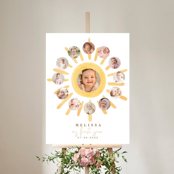 Sun First Year Photo Collage Template, Sunshine 12 months photo wall art, 1st trip around sun year photo milestones, Printable Download 931