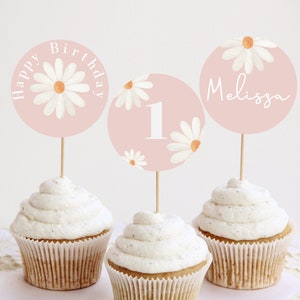 Décorations de cupcake d'anniversaire Daisy MODIFIABLES, décorations de gâteau florales roses, décoration de premier anniversaire Daisy imprimable, téléchargement immédiat 345
