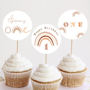 EDITABLE Boho Rainbow Birthday Cupcake Toppers, Muted Rainbow Cake Toppers, Boho First Birthday Decor Printable, Instant Download 502