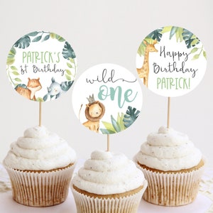 EDITABLE Wild One Birthday Cupcake Toppers, Jungle Animals Cake Toppers, Safari First Birthday Decor Printable, Instant Download 340