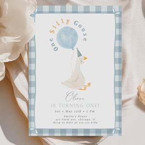 Boy One Silly Goose 1st Birthday Invitation: Cottage & Blue Gingham (Editable Canva Template)
