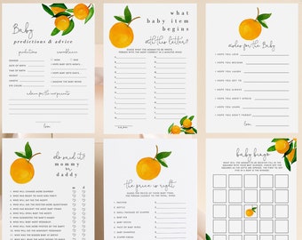 May include: Nine printable baby shower games with an orange theme. The games include "Name That Baby Song", "Guess That Baby Food", "What Baby Item Begins With This Letter", "Wishes For The Baby", "Who Said It Mommy Or Daddy", "The Price Is Right", and "Baby Bingo".