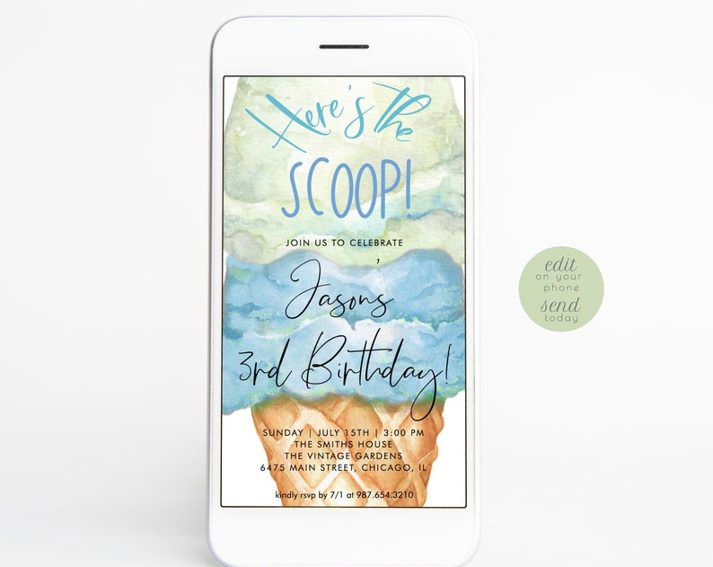 Ice Cream Birthday Evite Boy Heres the Scoop Digital Invitation Ice Cream Party Smartphone Electronic Invite Digital Download