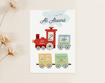 May include: A colorful train-themed invitation for a 2nd birthday party. The invitation features a red train engine with the number 2 on the side, a blue train car with the name "Luca's" on it, and a yellow train car with the text "June 20th, 3:00 AM". The invitation also includes the address and phone number for the party.